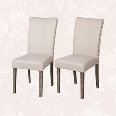 Parsons Dining Chairs, Set of 2, Beige Polyester, Weathered Gray Solid Wood Legs