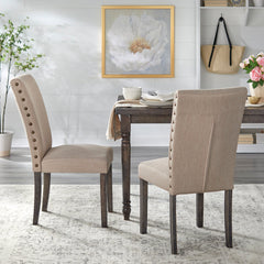 Parsons Dining Chairs, Set of 2, Beige Polyester, Weathered Gray Solid Wood Legs