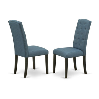 Parsons Dining Chairs, Set of 2, Blue Linen Fabric, Black Solid Wood Legs