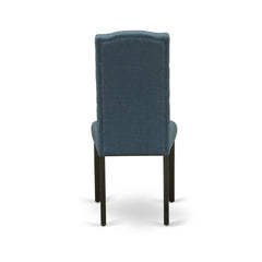 Parsons Dining Chairs, Set of 2, Blue Linen Fabric, Black Solid Wood Legs