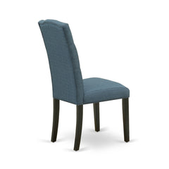 Parsons Dining Chairs, Set of 2, Blue Linen Fabric, Black Solid Wood Legs