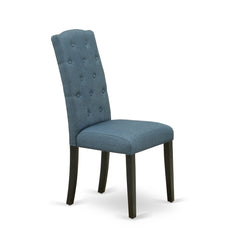 Parsons Dining Chairs, Set of 2, Blue Linen Fabric, Black Solid Wood Legs