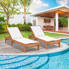 Patio Chaise Lounge in Eucalyptus Wood with 5-Position Backrest, White and Brown