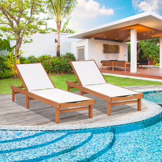 Patio Chaise Lounge in Eucalyptus Wood with 5-Position Backrest, White and Brown