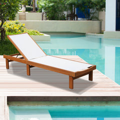 Patio Chaise Lounge in Eucalyptus Wood with 5-Position Backrest, White and Brown