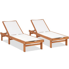 Patio Chaise Lounge in Eucalyptus Wood with 5-Position Backrest, White and Brown