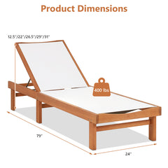 Patio Chaise Lounge in Eucalyptus Wood with 5-Position Backrest, White and Brown