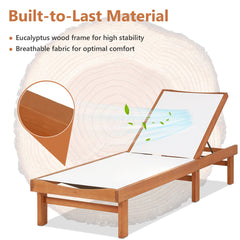 Patio Chaise Lounge in Eucalyptus Wood with 5-Position Backrest, White and Brown