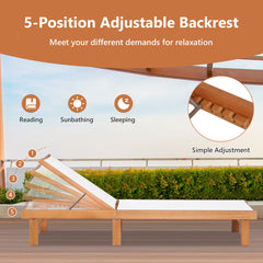 Patio Chaise Lounge in Eucalyptus Wood with 5-Position Backrest, White and Brown