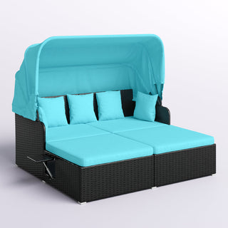 Patio Daybed with Canopy and 2 Side Tables, Turquoise Cushions