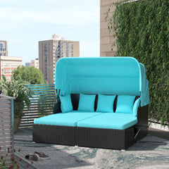 Patio Daybed with Canopy and 2 Side Tables, Turquoise Cushions