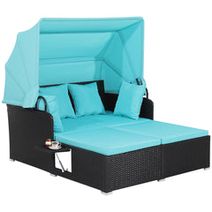Patio Daybed with Canopy and 2 Side Tables, Turquoise Cushions