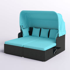 Patio Daybed with Canopy and 2 Side Tables, Turquoise Cushions
