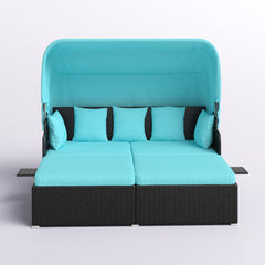 Patio Daybed with Canopy and 2 Side Tables, Turquoise Cushions