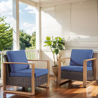 Patio Lounge Chairs, Set of 2, Brown Wicker Frame with Blue Cushions