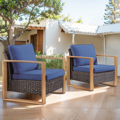 Patio Lounge Chairs, Set of 2, Brown Wicker Frame with Blue Cushions