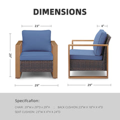 Patio Lounge Chairs, Set of 2, Brown Wicker Frame with Blue Cushions