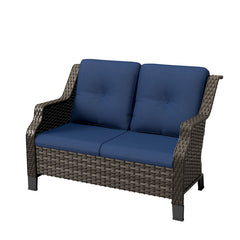 Patio Loveseat in Brown PE Rattan with Navy Cushions
