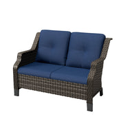 Patio Loveseat in Brown PE Rattan with Navy Cushions