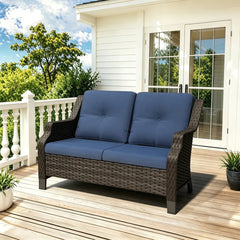 Patio Loveseat in Brown PE Rattan with Navy Cushions
