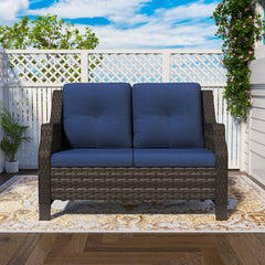 Patio Loveseat in Brown PE Rattan with Navy Cushions