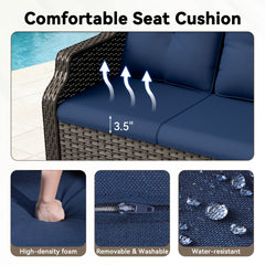 Patio Loveseat in Brown PE Rattan with Navy Cushions