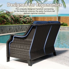 Patio Loveseat in Brown PE Rattan with Navy Cushions