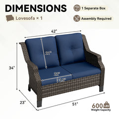 Patio Loveseat in Brown PE Rattan with Navy Cushions