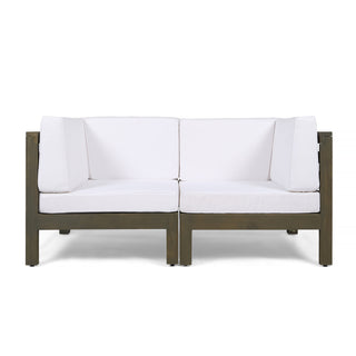 Patio Loveseat Sectional, 2 Pieces, Acacia Wood with White Cushions