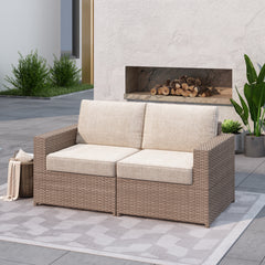 Patio Sofa, 2-Seater, Light Brown Wicker Frame with Beige Cushions