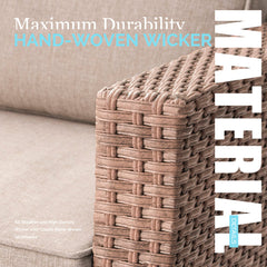 Patio Sofa, 2-Seater, Light Brown Wicker Frame with Beige Cushions