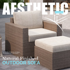 Patio Sofa, 2-Seater, Light Brown Wicker Frame with Beige Cushions