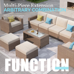 Patio Sofa, 2-Seater, Light Brown Wicker Frame with Beige Cushions
