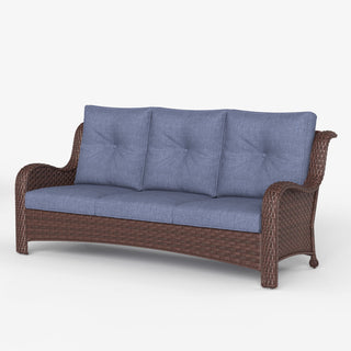 Patio Sofa, 3-Seat Brown Wicker with Metal Frame and Navy Cushions