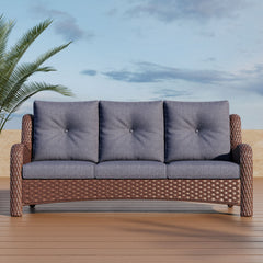 Patio Sofa, 3-Seat Brown Wicker with Metal Frame and Navy Cushions