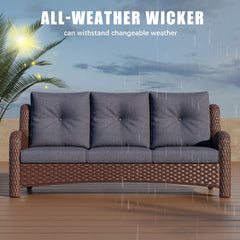 Patio Sofa, 3-Seat Brown Wicker with Metal Frame and Navy Cushions