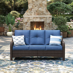 Patio Sofa, 3-Seat Brown Wicker with Slate Blue Cushions