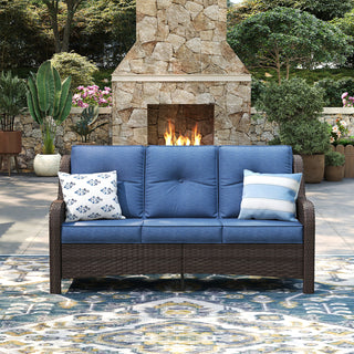 Patio Sofa, 3-Seat Brown Wicker with Slate Blue Cushions