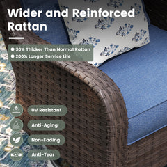 Patio Sofa, 3-Seat Brown Wicker with Slate Blue Cushions