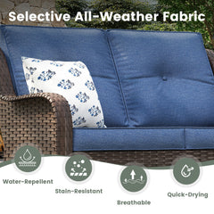 Patio Sofa, 3-Seat Brown Wicker with Slate Blue Cushions