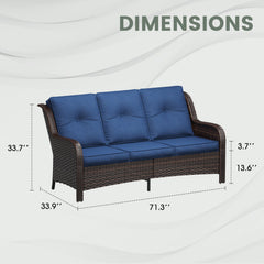 Patio Sofa, 3-Seat Brown Wicker with Slate Blue Cushions