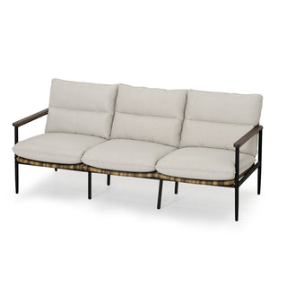 Patio Sofa, 3-Seater, Gray Cushions with Black Metal Frame