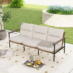 Patio Sofa, 3-Seater, Gray Cushions with Black Metal Frame