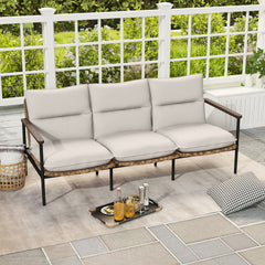 Patio Sofa, 3-Seater, Gray Cushions with Black Metal Frame