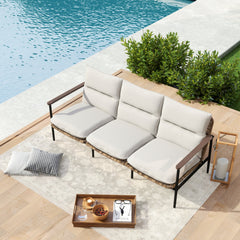 Patio Sofa, 3-Seater, Gray Cushions with Black Metal Frame