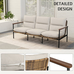 Patio Sofa, 3-Seater, Gray Cushions with Black Metal Frame