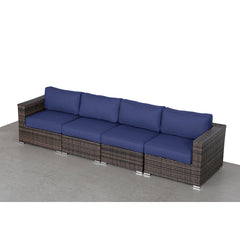 Patio Sofa, 4-Seat, Espresso Wicker with Navy Blue Cushions