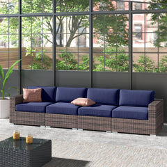 Patio Sofa, 4-Seat, Espresso Wicker with Navy Blue Cushions