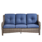 Patio Sofa, Hand-Woven Resin Wicker with Gray Frame and Blue Cushions