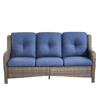 Patio Sofa, Hand-Woven Resin Wicker with Gray Frame and Blue Cushions